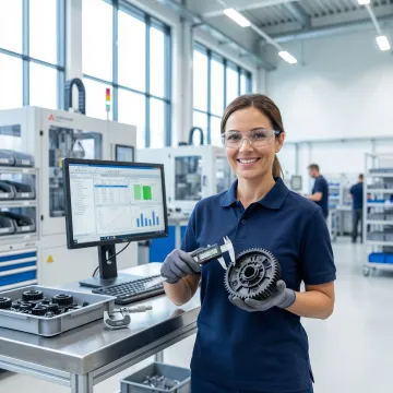 Engineer inspecting precision injection molded component with calipers