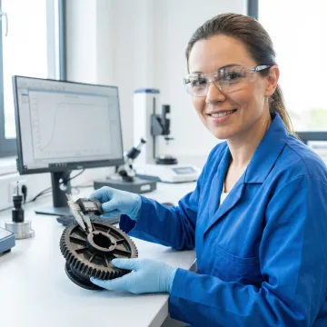 Engineer inspecting precision-molded plastic component with digital calipers for quality control