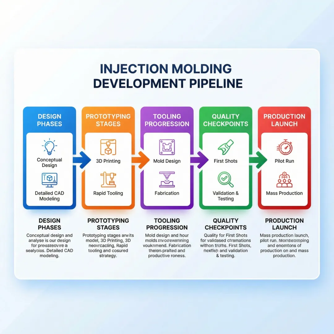 Product development process diagram showing injection molding stages from design to production