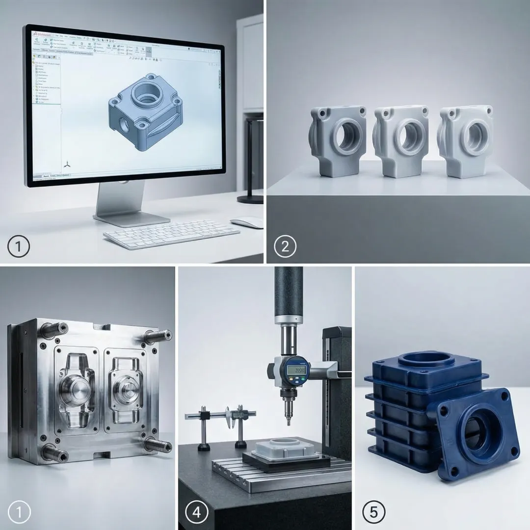 Product development process showing progression from concept sketches to finished injection molded parts