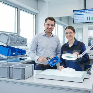 Engineering team reviewing injection molded part design specifications and prototypes