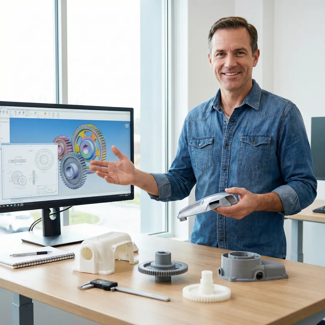 Manufacturing engineer reviewing technical drawings and injection molded parts