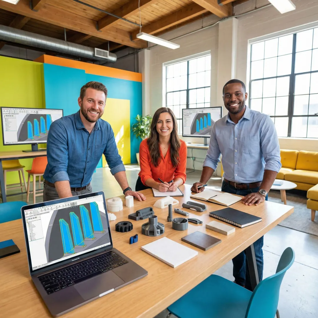 Team of engineers collaborating on injection molding design development process