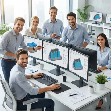 Engineering team reviewing injection mold design specifications on computer screens