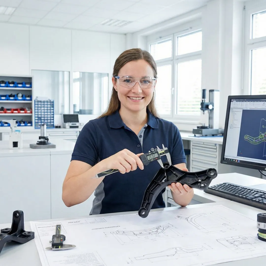 Engineer reviewing automotive injection molded part specifications