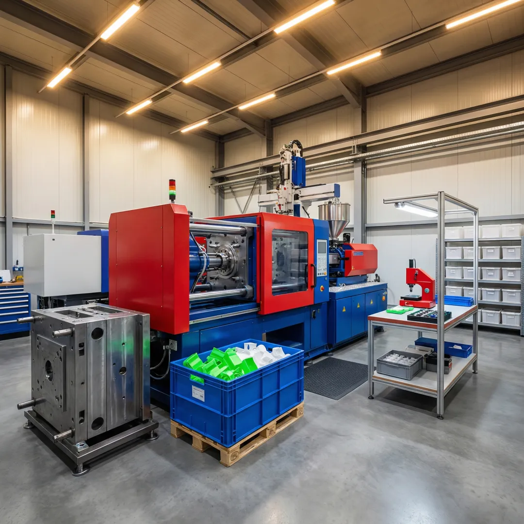 Injection molding production process with quality control inspection