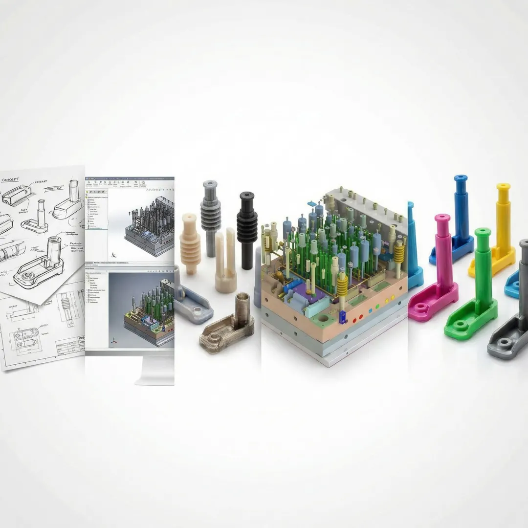 Product development pipeline showing stages from concept sketches to final injection molded parts