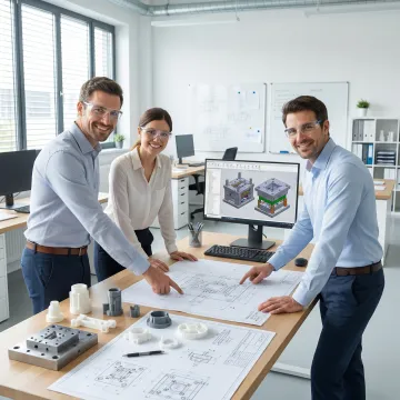 Engineering team reviewing injection molded part design on computer with CAD software and physical prototype samples