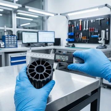 Engineer examining precision injection molded plastic component with measuring instruments
