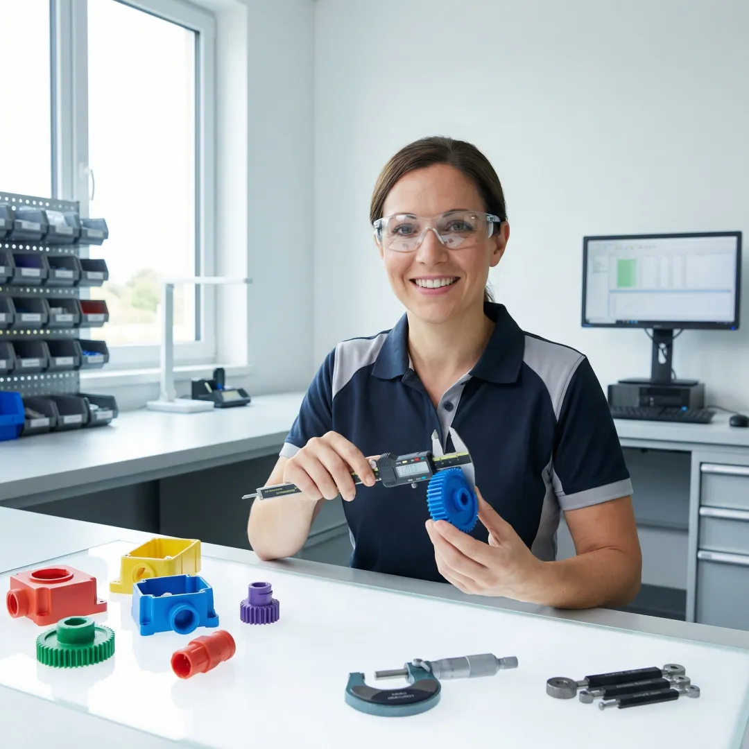 Engineer reviewing precision injection molded plastic parts with quality inspection tools