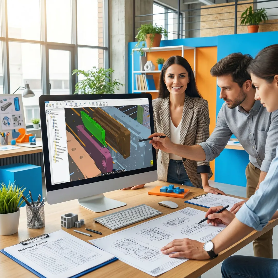 Engineer reviewing injection molding design specifications on computer workstation