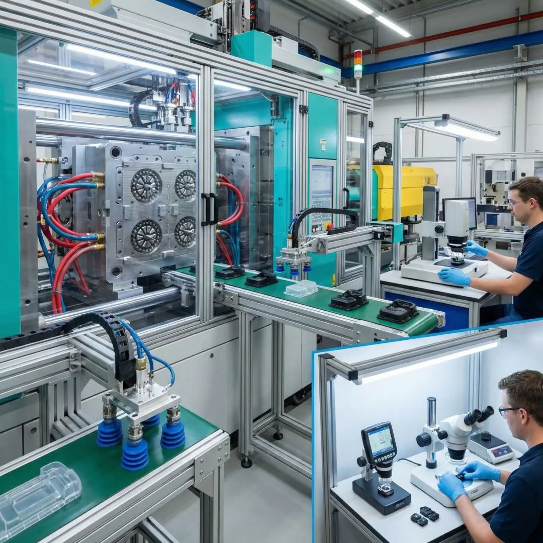 Overmolding manufacturing process showing injection molding machine and tooling