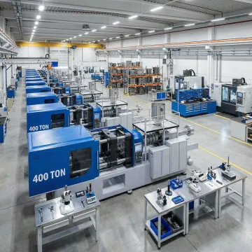 Modern injection molding facility with precision manufacturing equipment producing custom plastic components