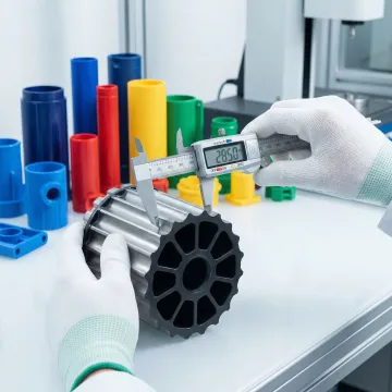 Engineer inspecting precision ABS molded parts with measuring instruments