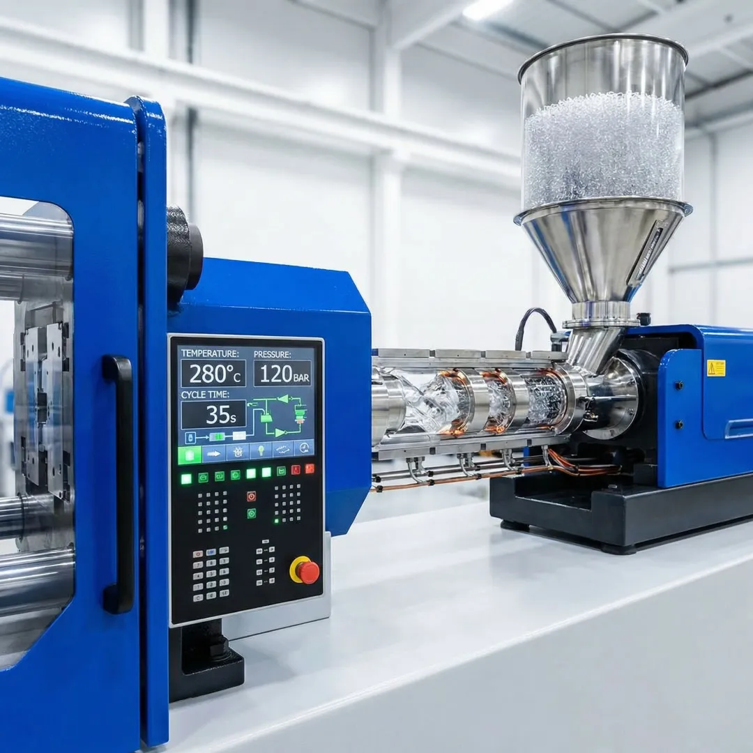 Polycarbonate injection molding machine in production