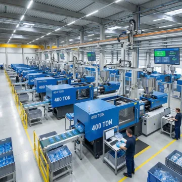 High-volume injection molding production floor with automated machinery producing plastic components