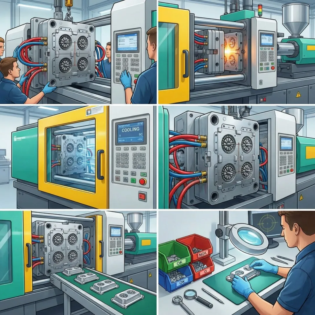 Injection molding production process showing quality inspection and automated manufacturing