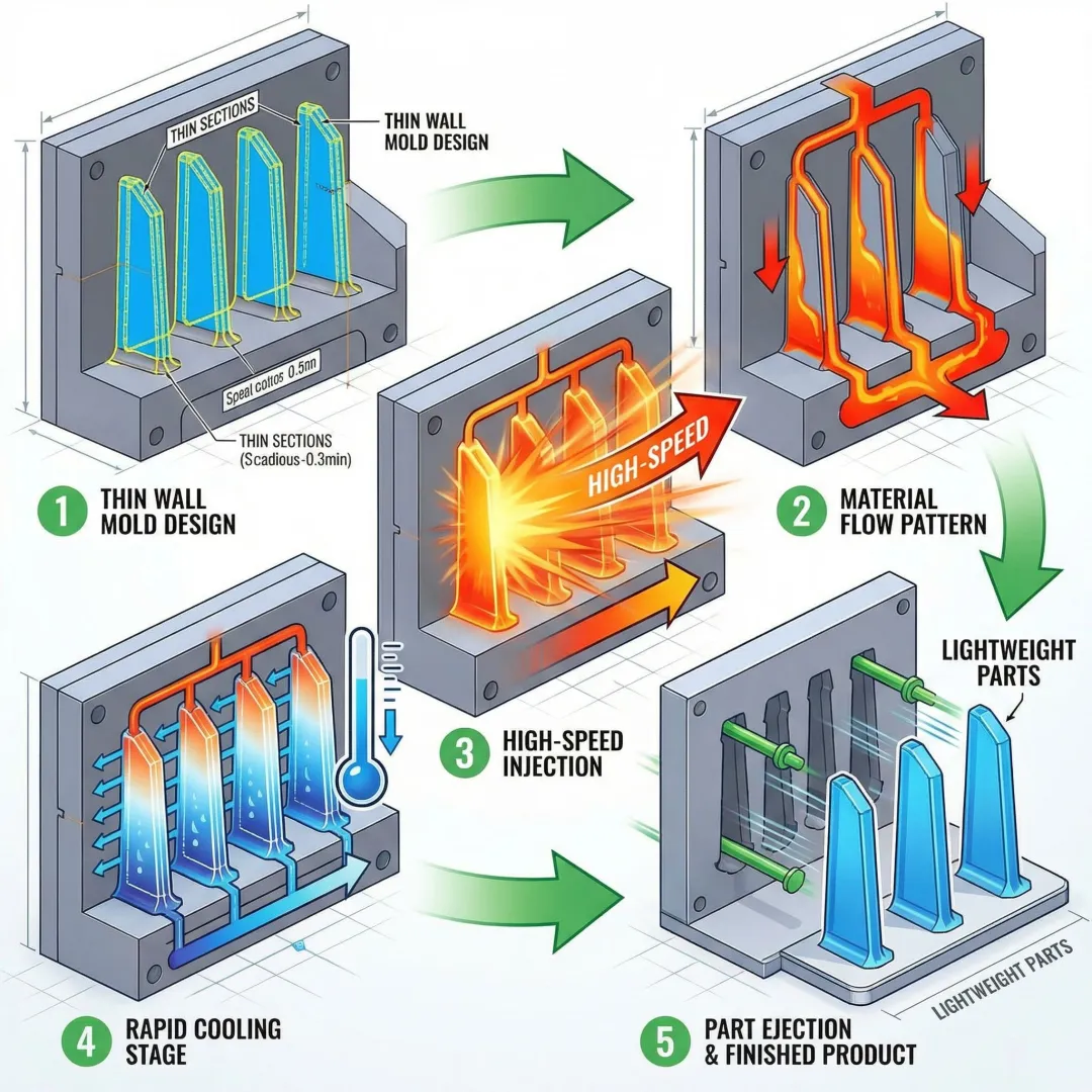 Thin wall injection molding process showing rapid cycle production
