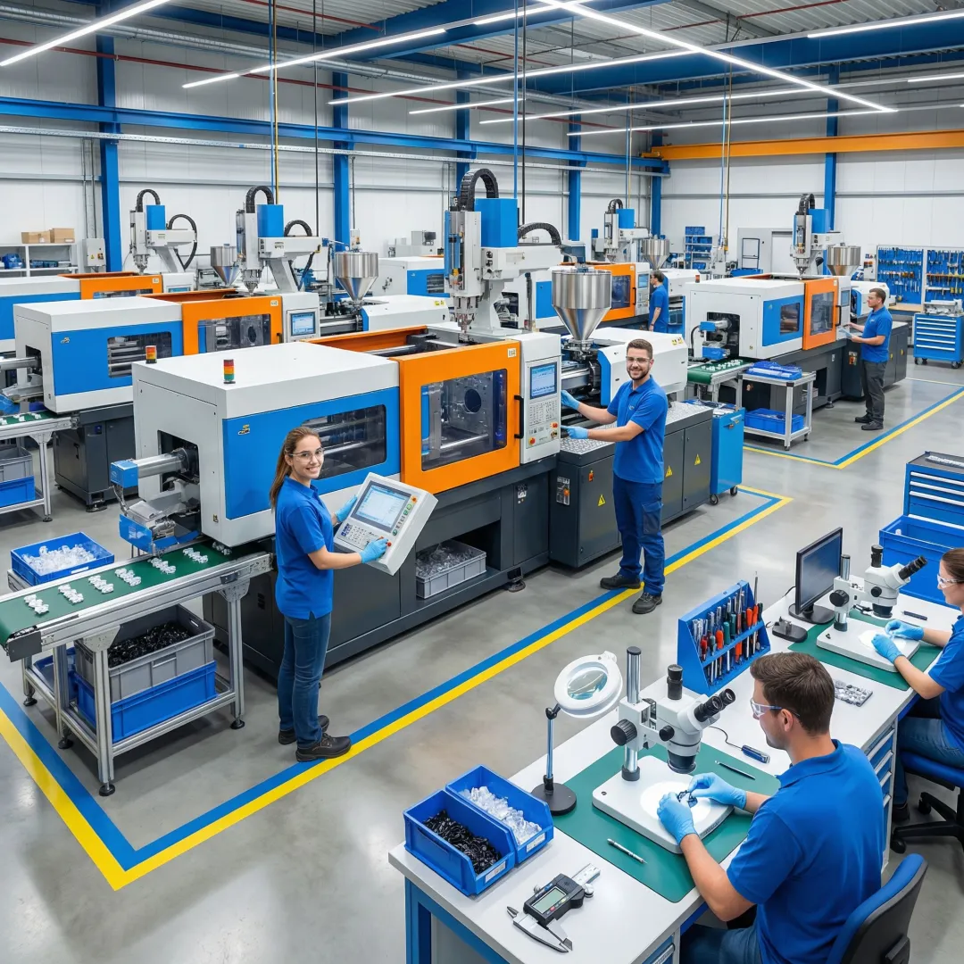 Advanced injection molding machinery producing precision custom plastic parts in a modern Ohio manufacturing facility