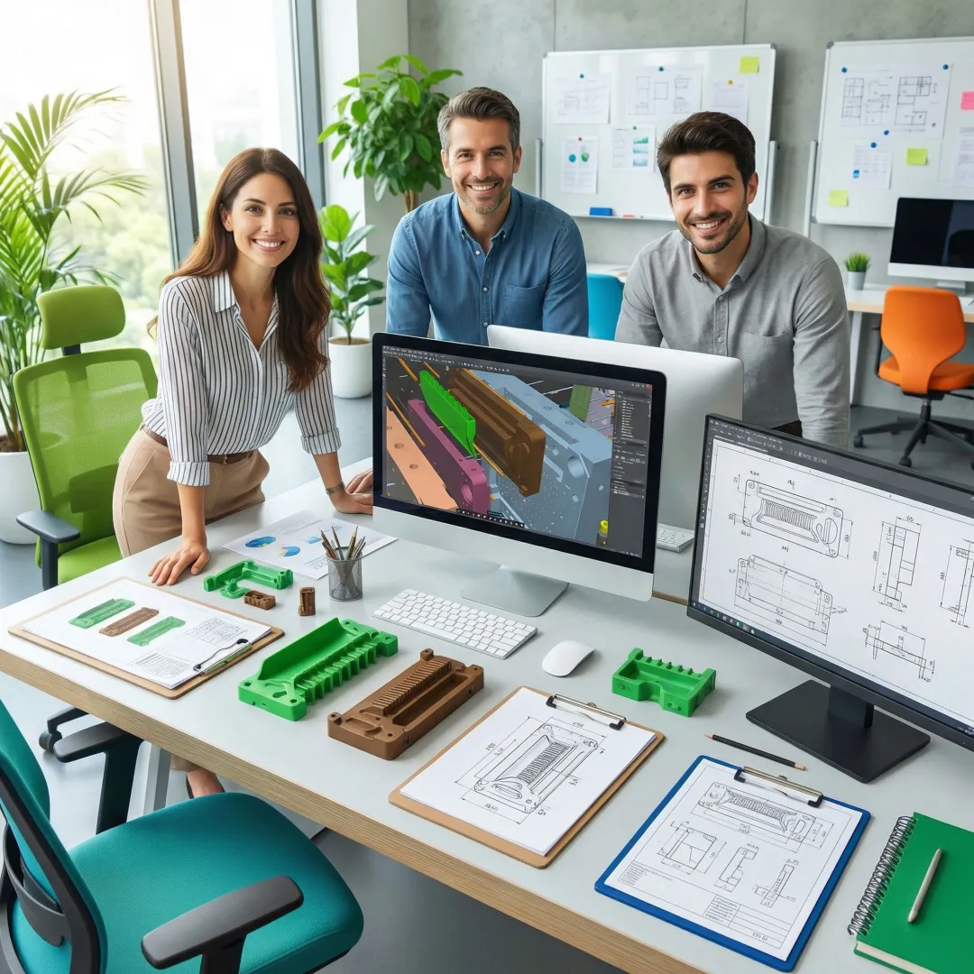 Engineer reviewing technical drawings and plastic part prototypes during product development process