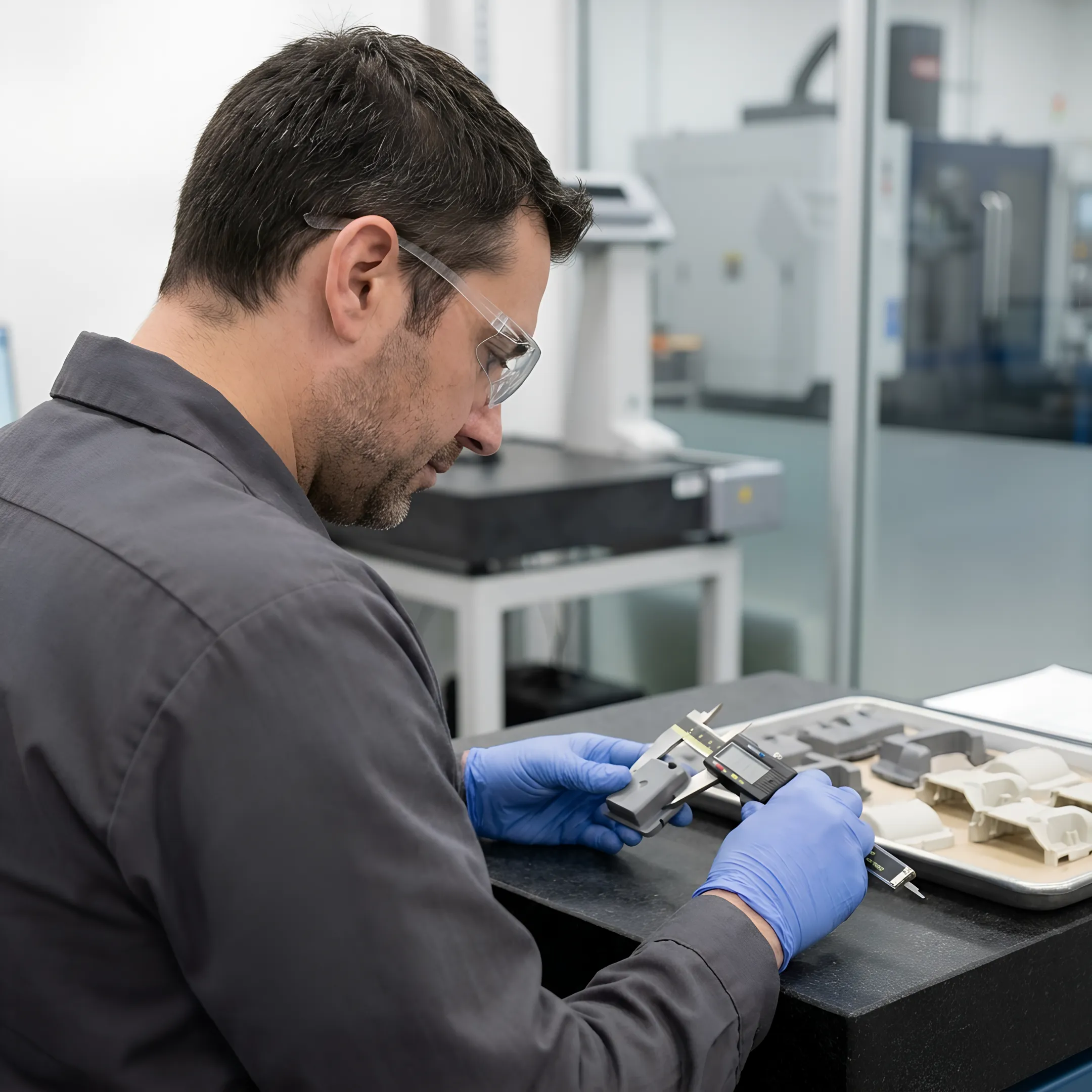 Engineer reviewing injection molded electronics component specifications