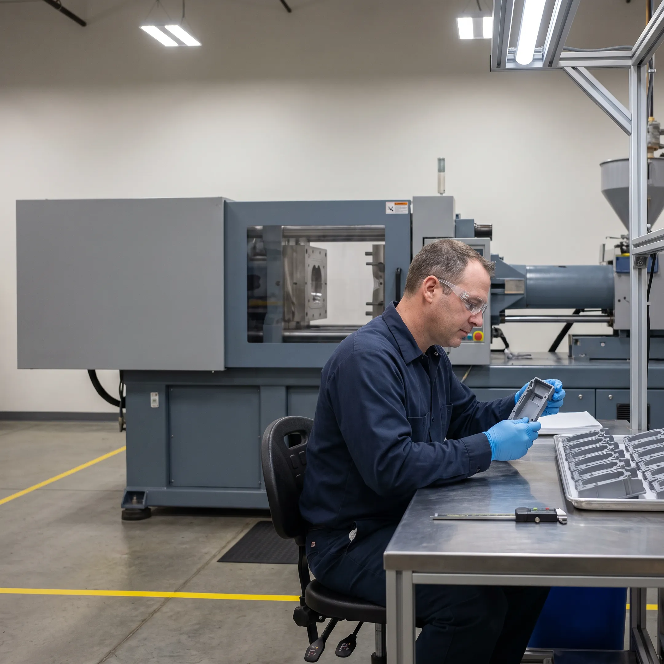 Injection molding production process showing quality inspection and automated manufacturing