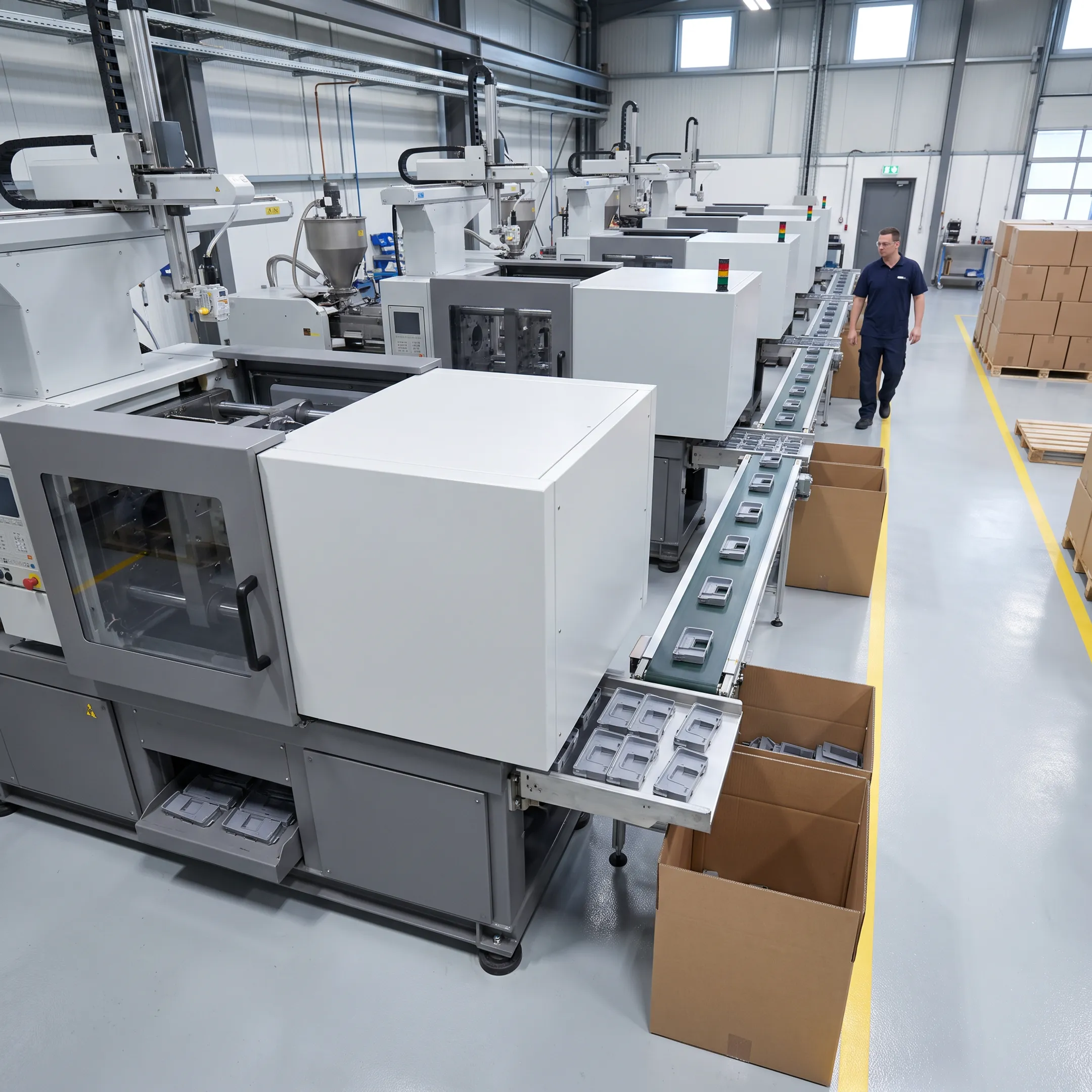 High-volume injection molding production floor with automated machinery producing plastic components