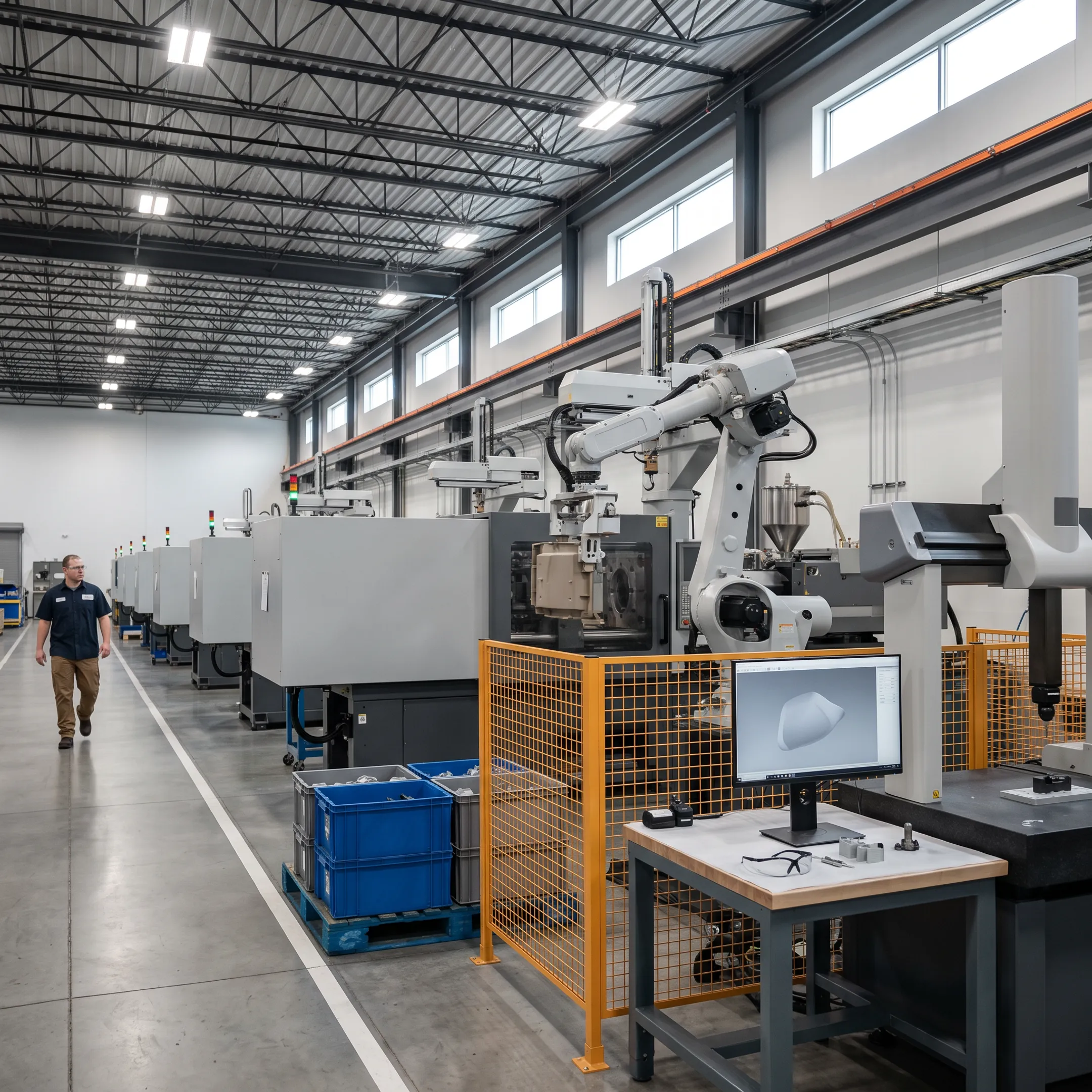 Modern injection molding facility in California with advanced machinery and quality control systems