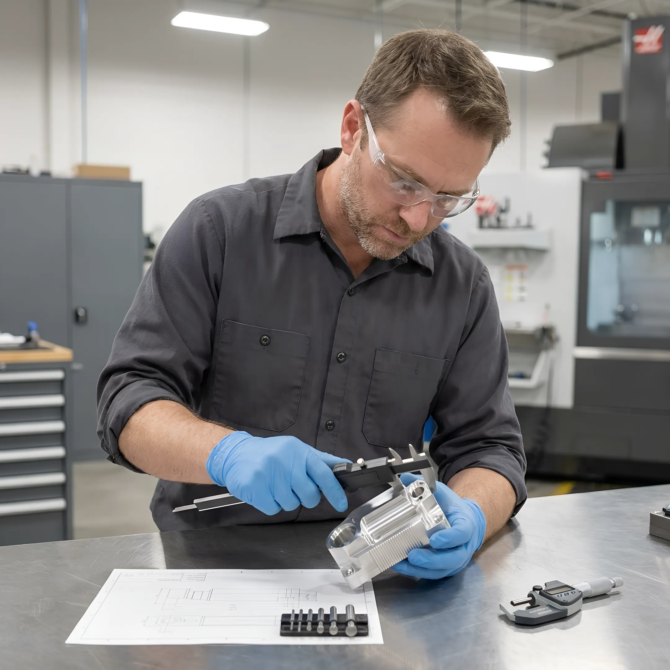 Engineer examining precision CNC machined prototype component