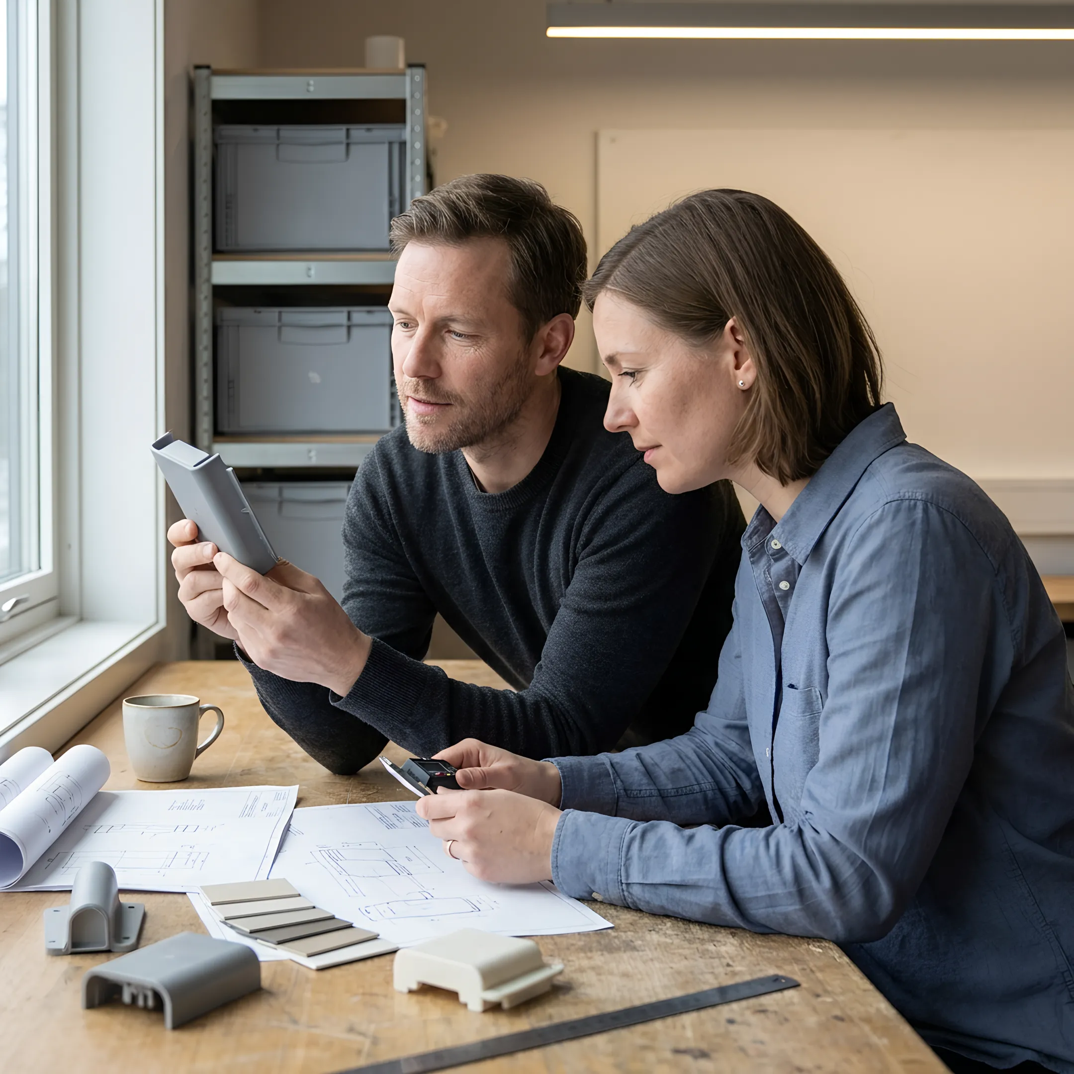 Engineer reviewing low volume injection molded parts with startup founder