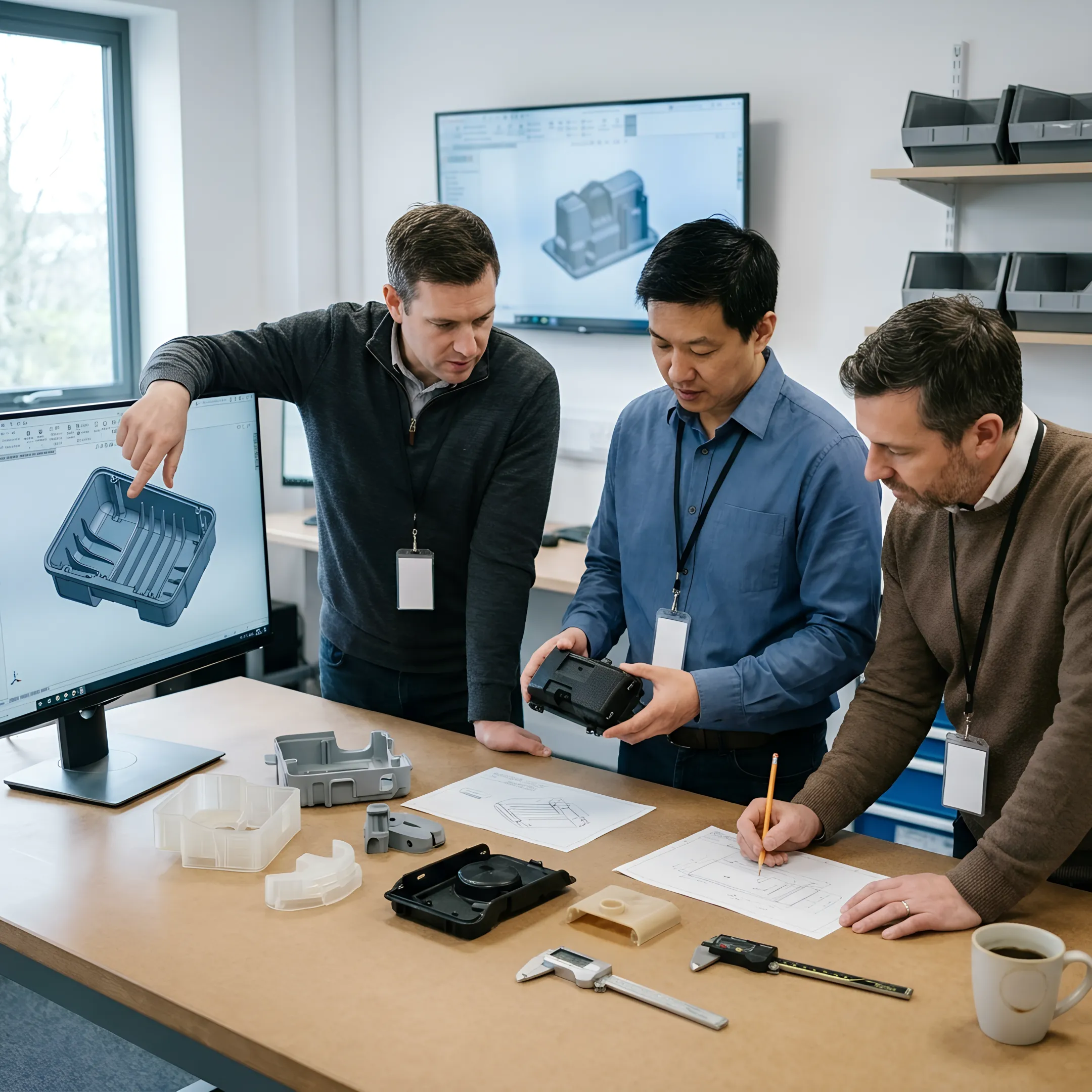 Engineering team reviewing injection molding part designs and production specifications