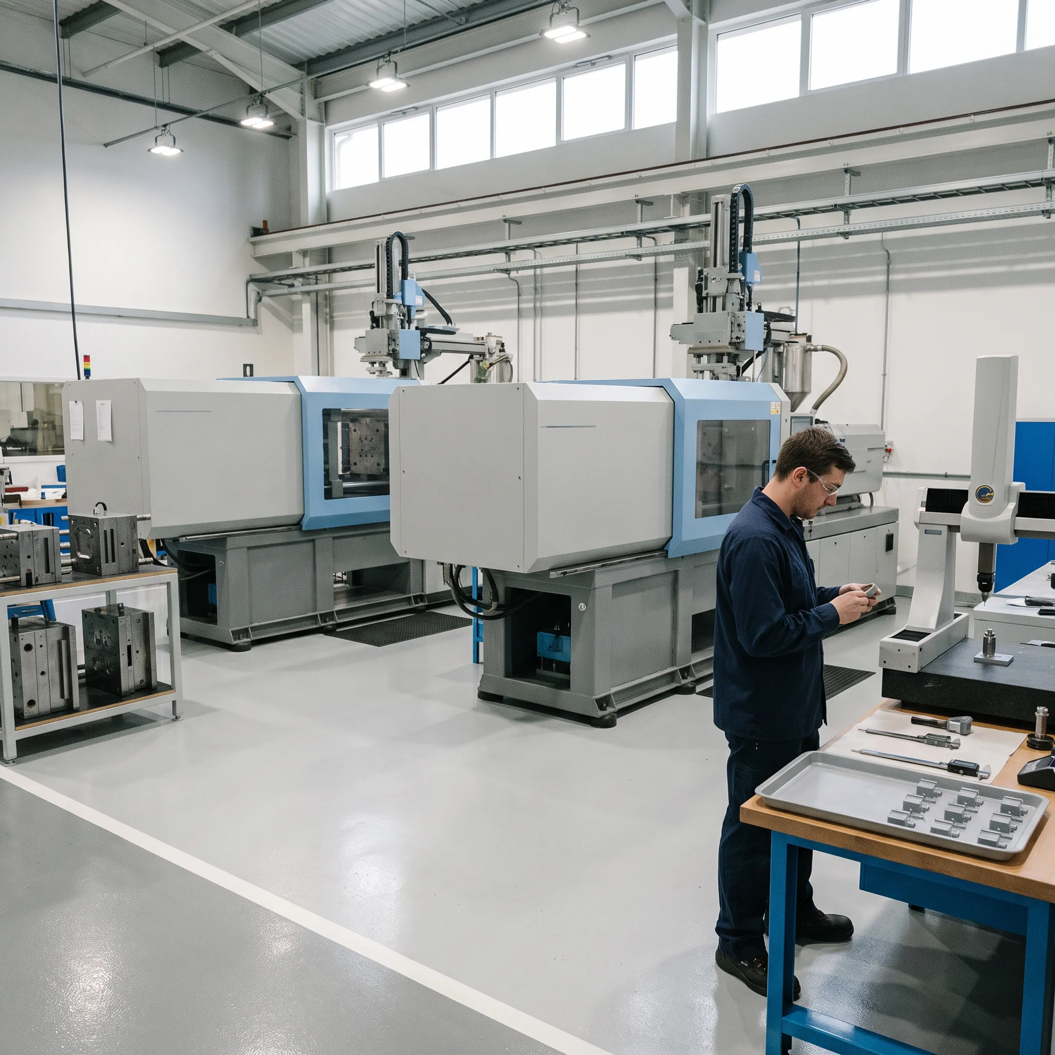 Modern injection molding facility with precision manufacturing equipment producing custom plastic components