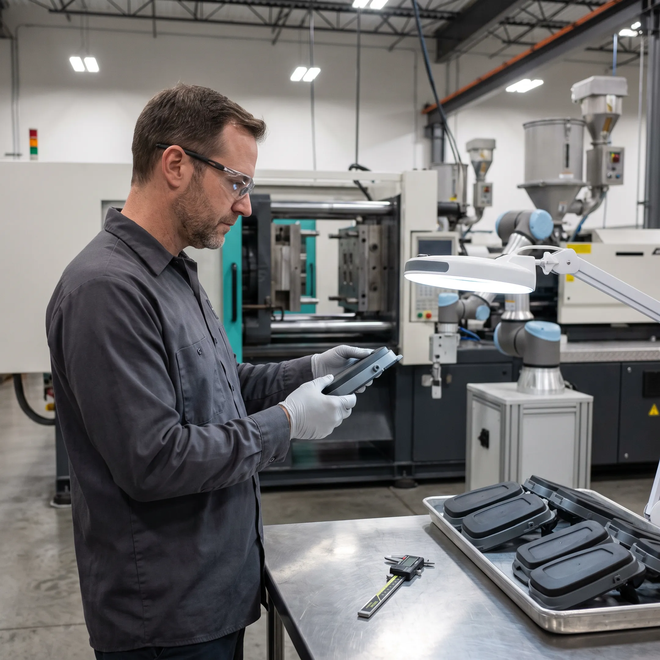 Overmolding manufacturing process showing injection molding machine and tooling