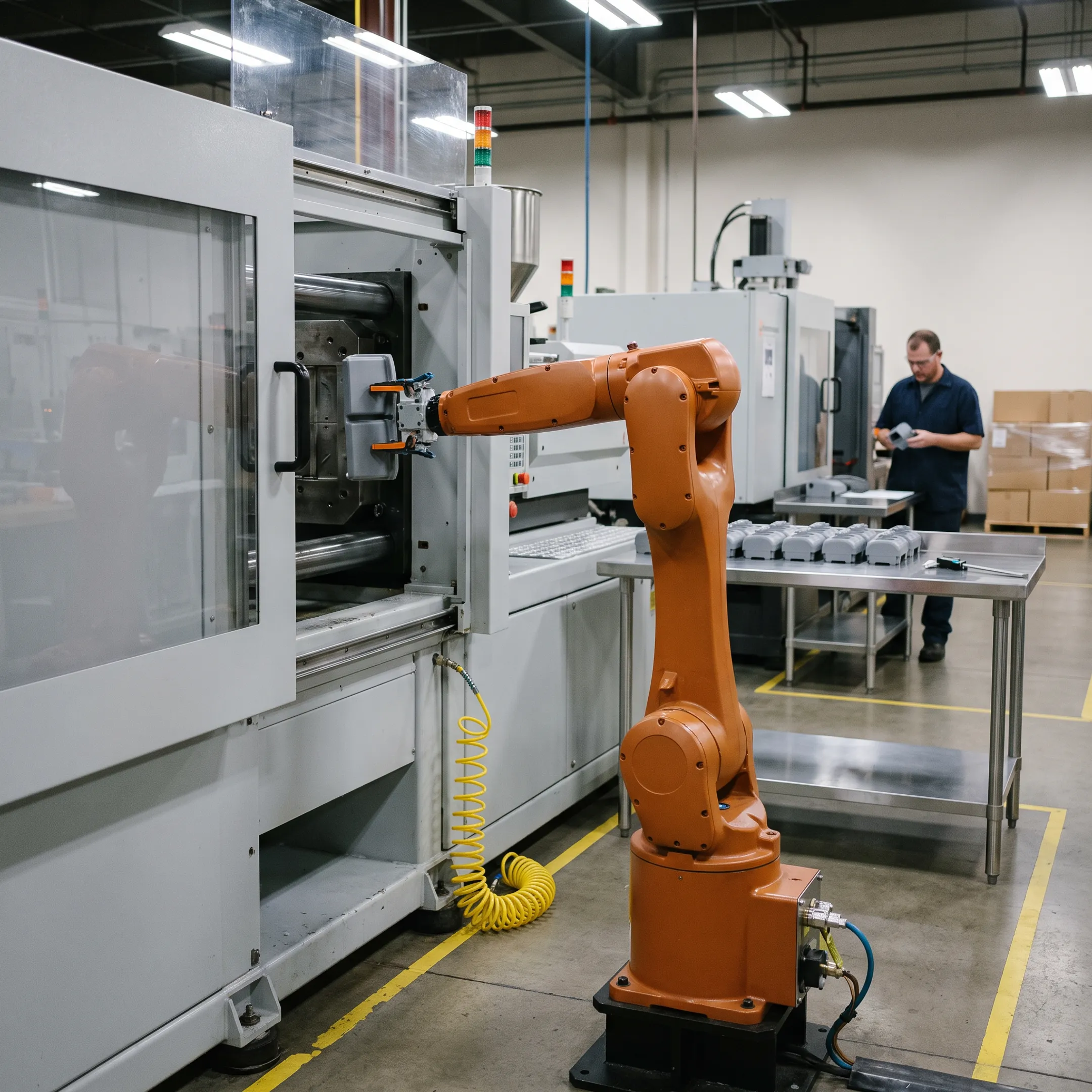 Modern injection molding machine producing precision plastic components in Illinois manufacturing facility