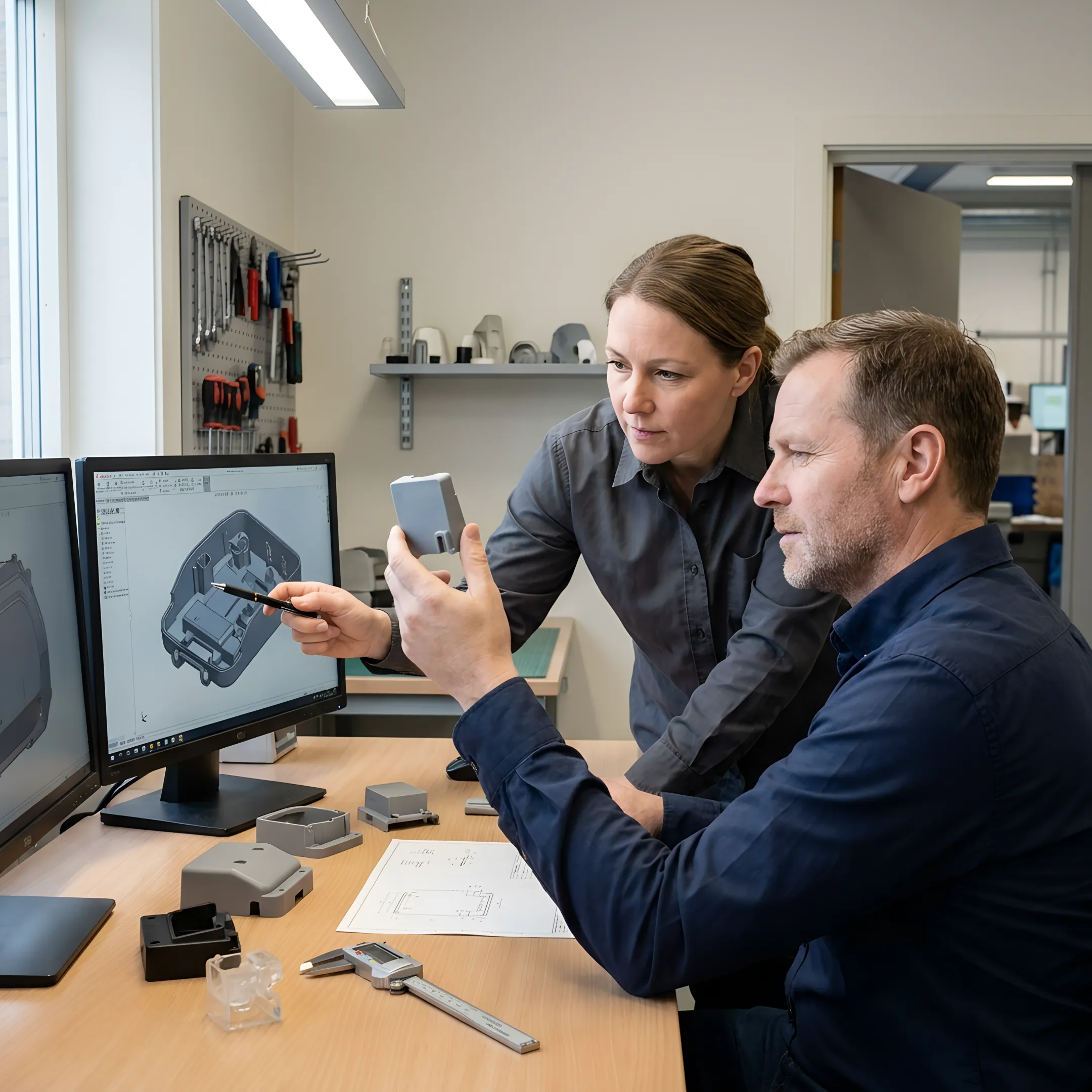 Engineer reviewing technical drawings and plastic part prototypes during product development process