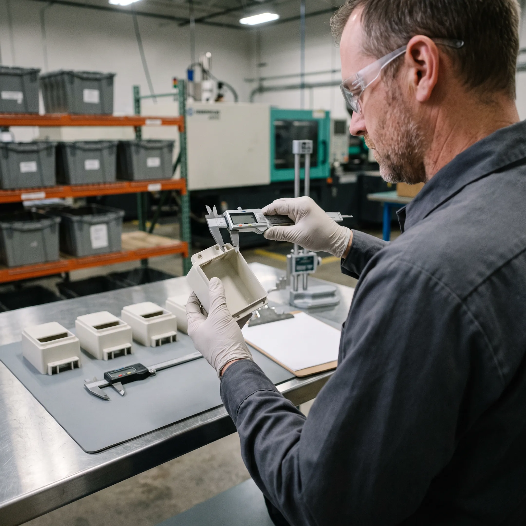 Engineer inspecting precision ABS molded parts with measuring instruments