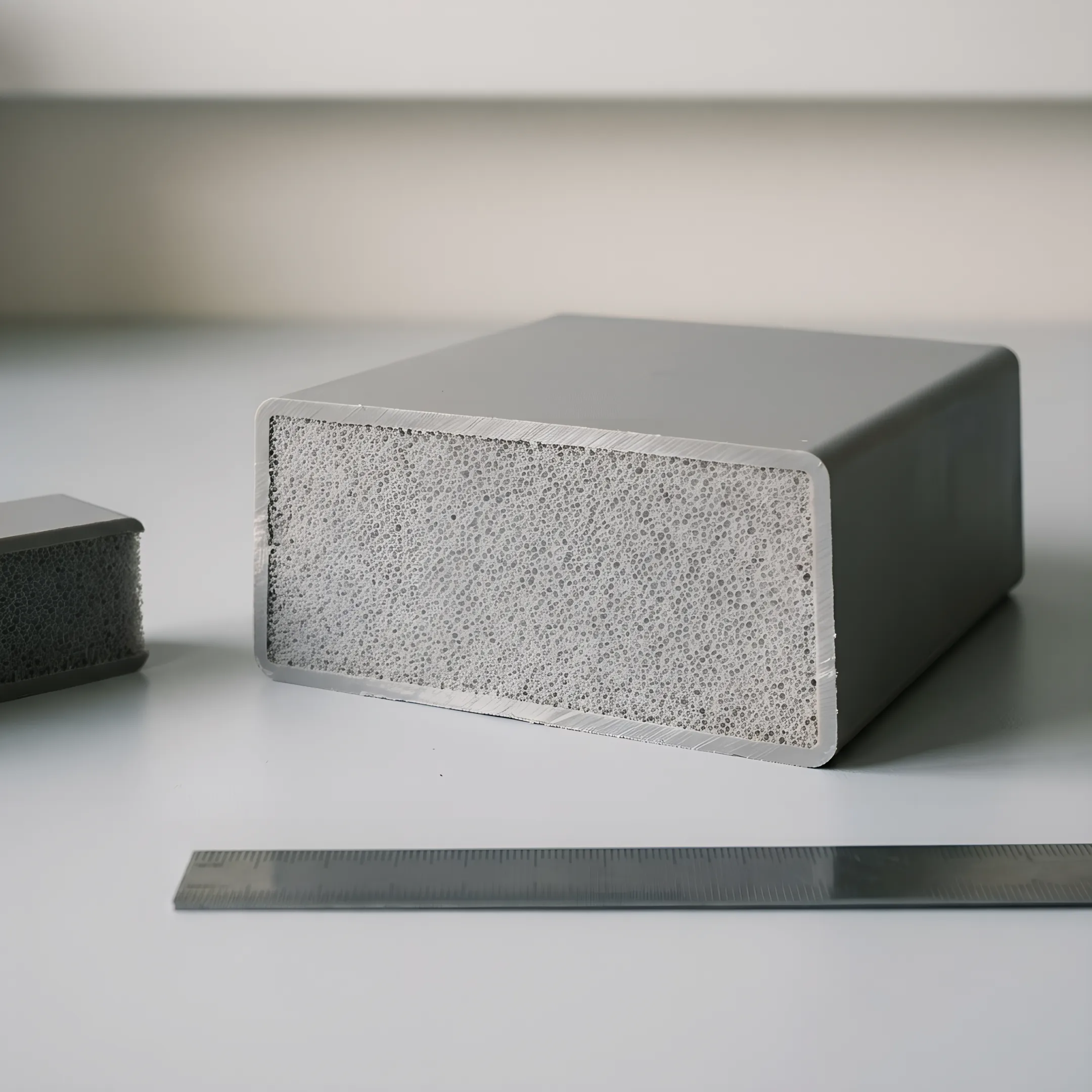 Cross-section view of structural foam molded part showing cellular core