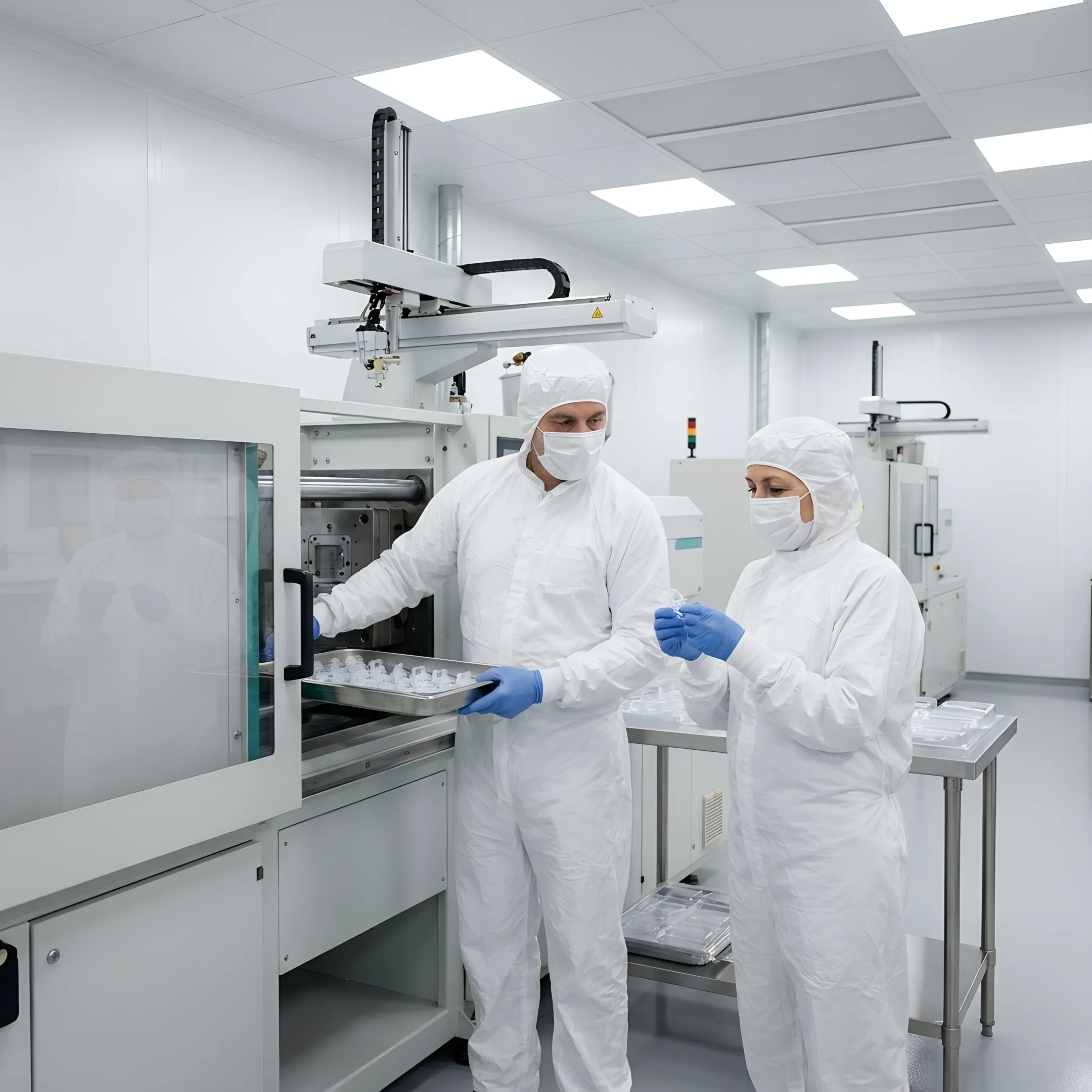 Technicians working in ISO-certified cleanroom manufacturing medical device components