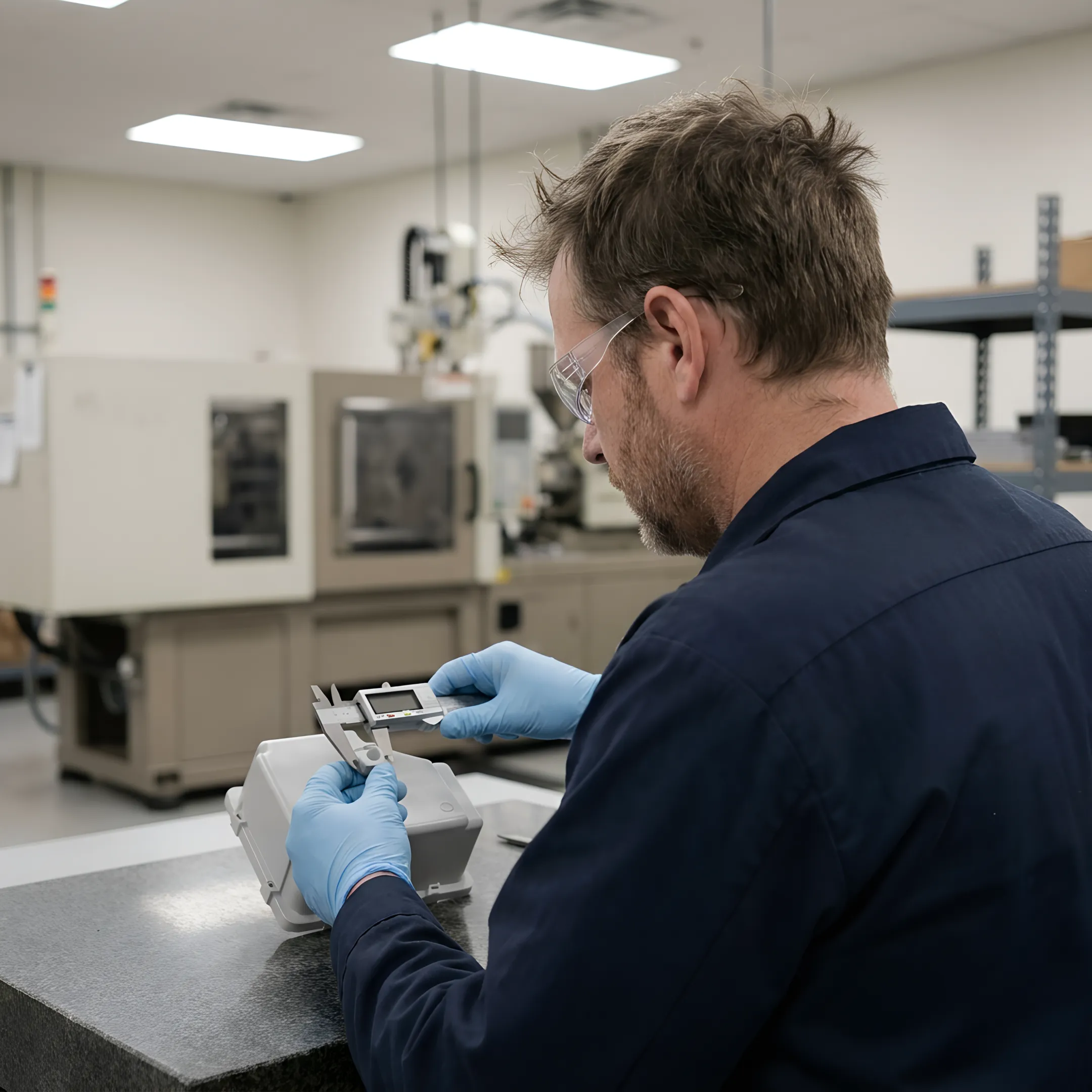 Engineer examining precision injection molded plastic component with calipers