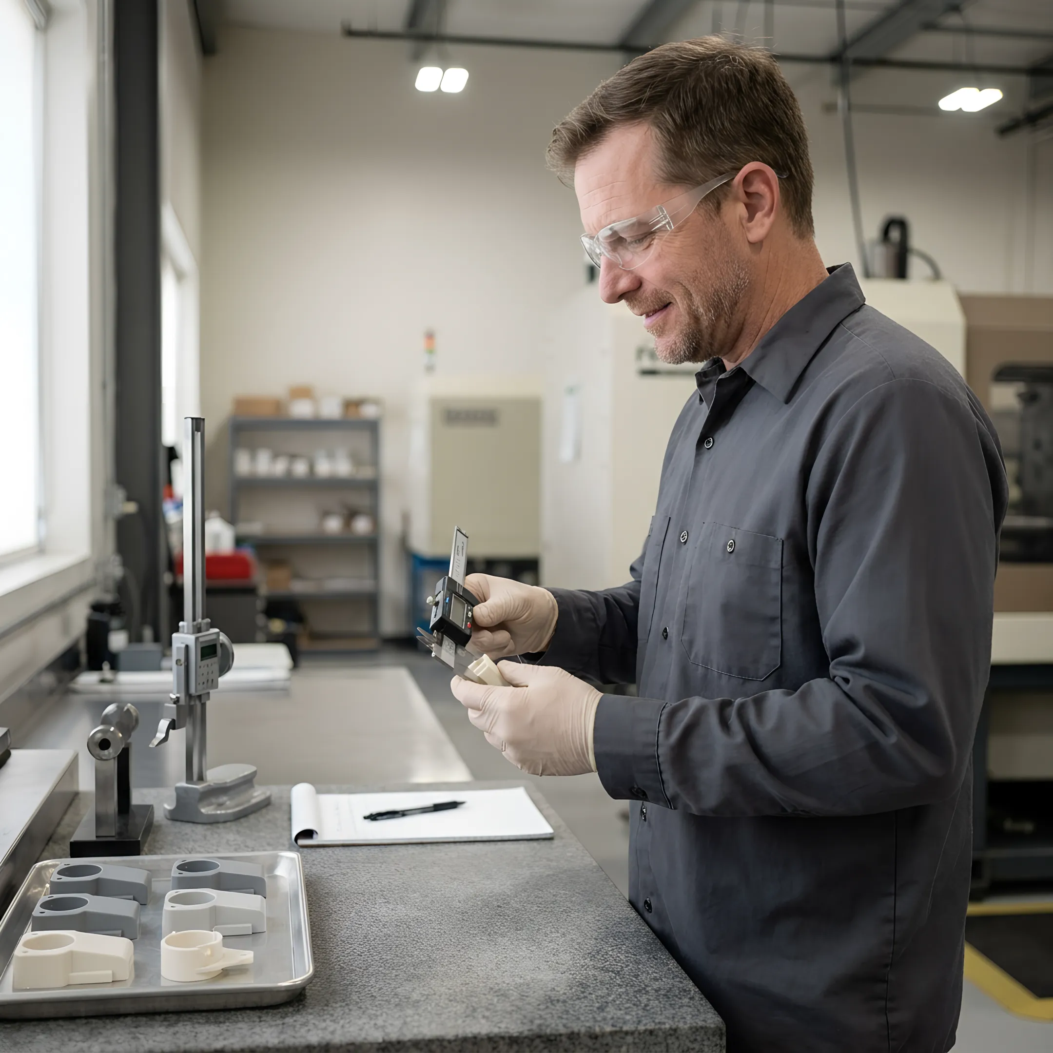 Engineer reviewing precision injection molded plastic parts with quality inspection tools