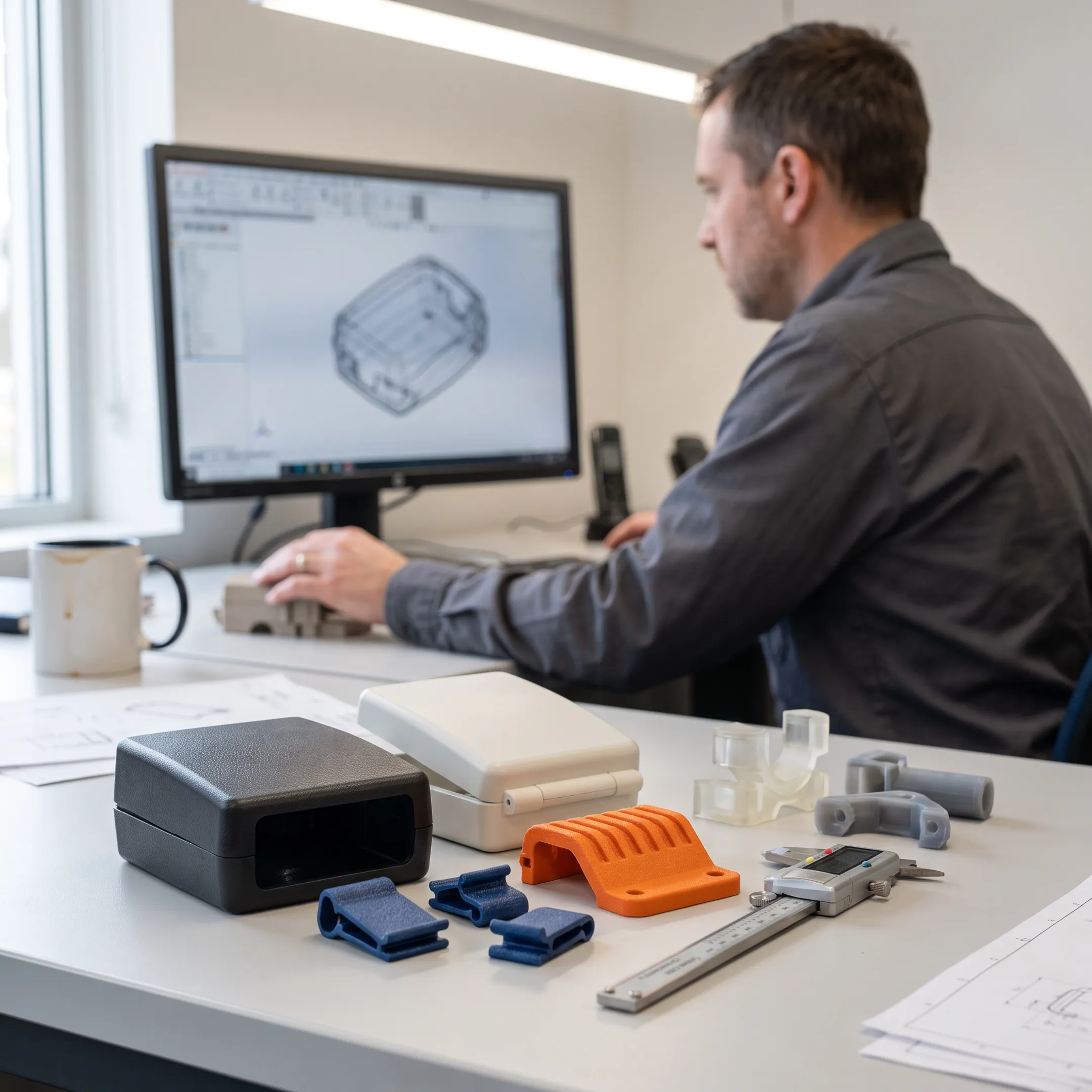Precision injection molded plastic components with engineer reviewing CAD designs