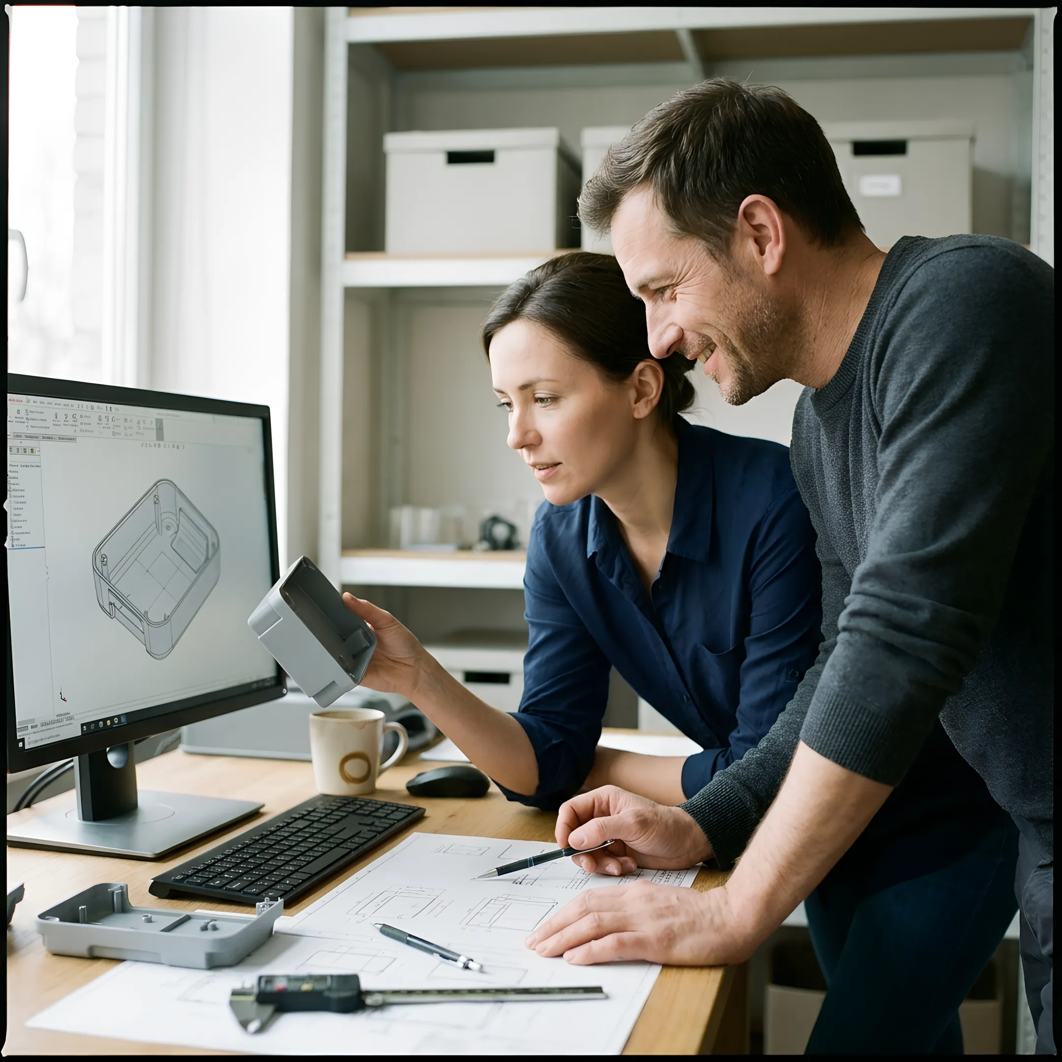 Engineer reviewing injection mold design specifications and CAD models