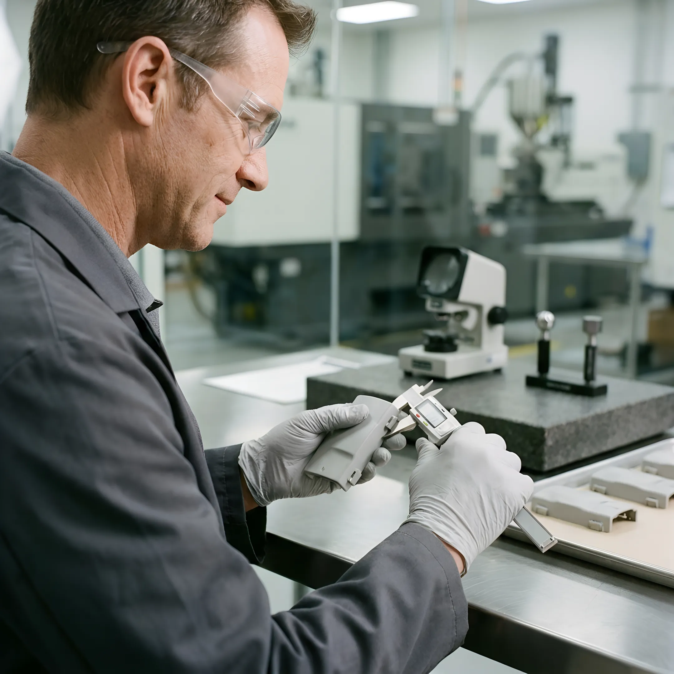 Engineer examining precision injection molded plastic component with measuring instruments