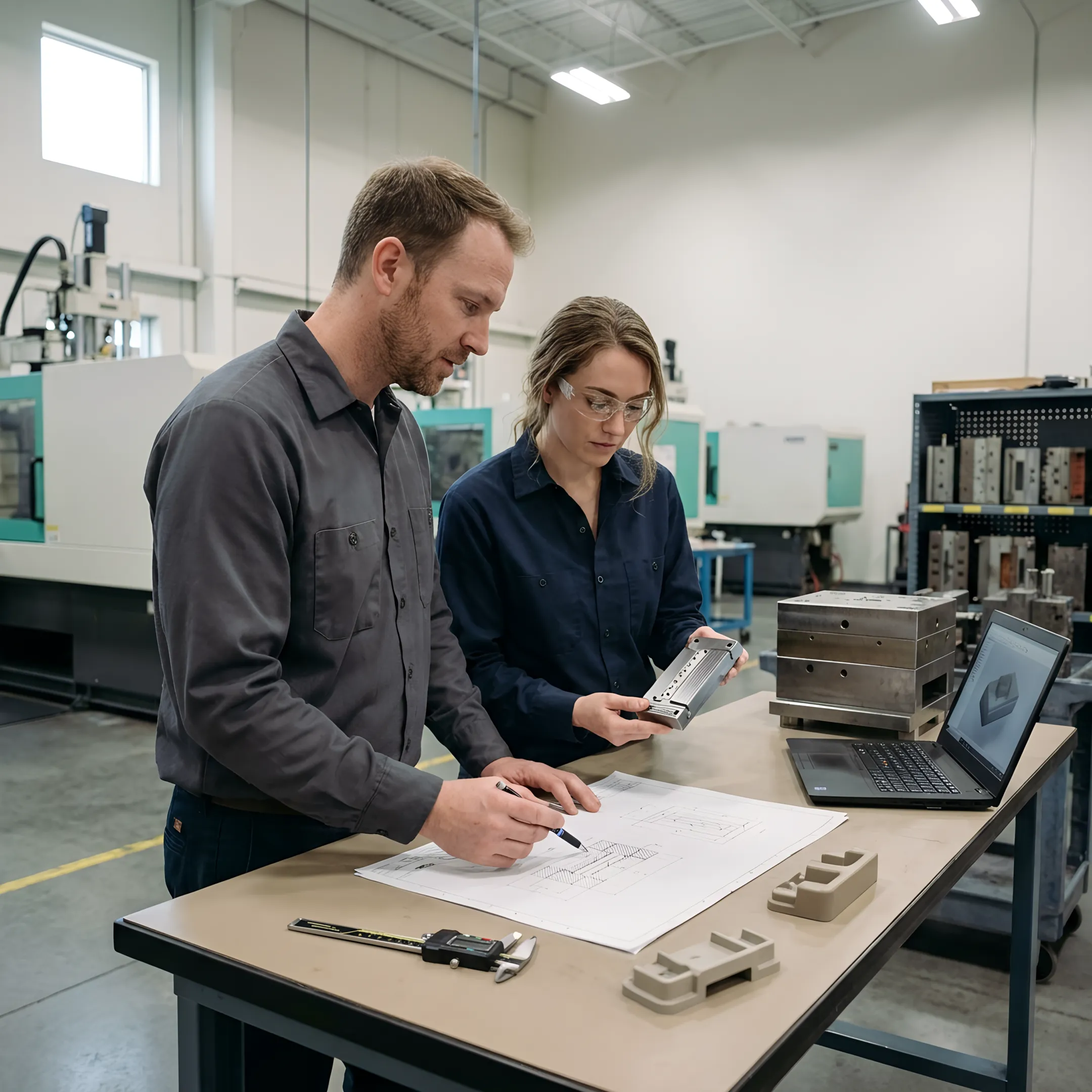 Engineers reviewing custom mold designs and tooling specifications