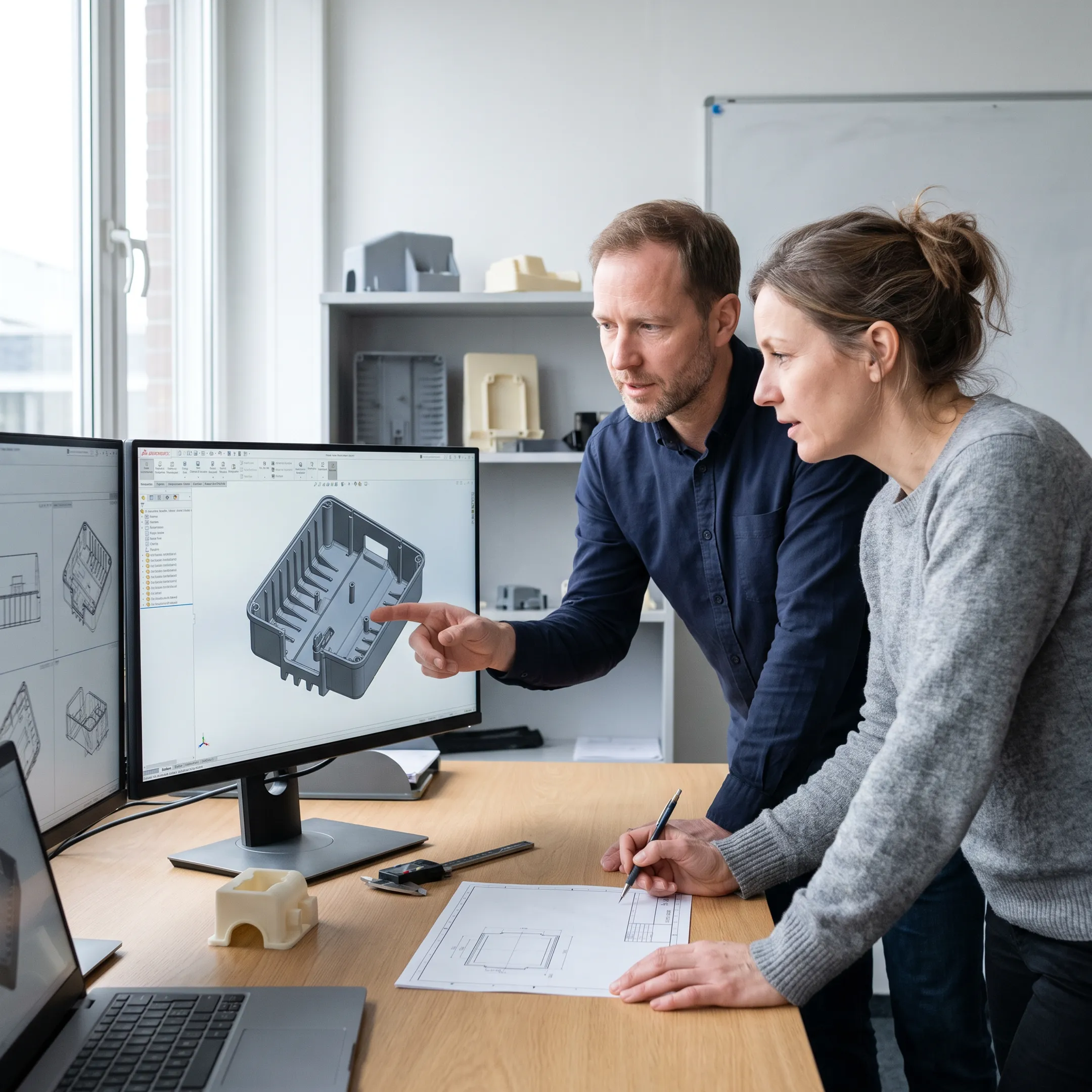 Engineer reviewing injection molding design specifications on computer workstation