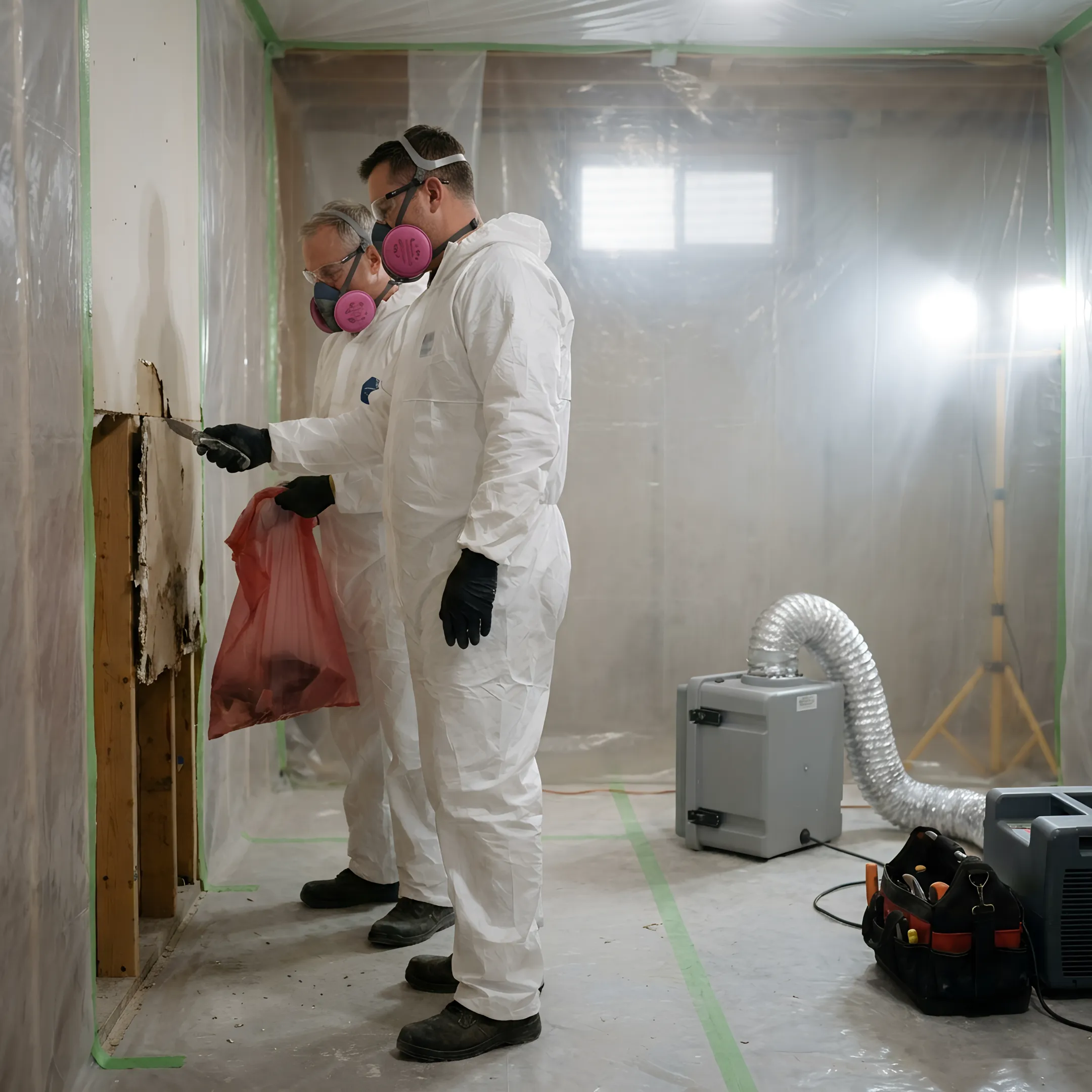 Professional mold remediation process showing containment and removal