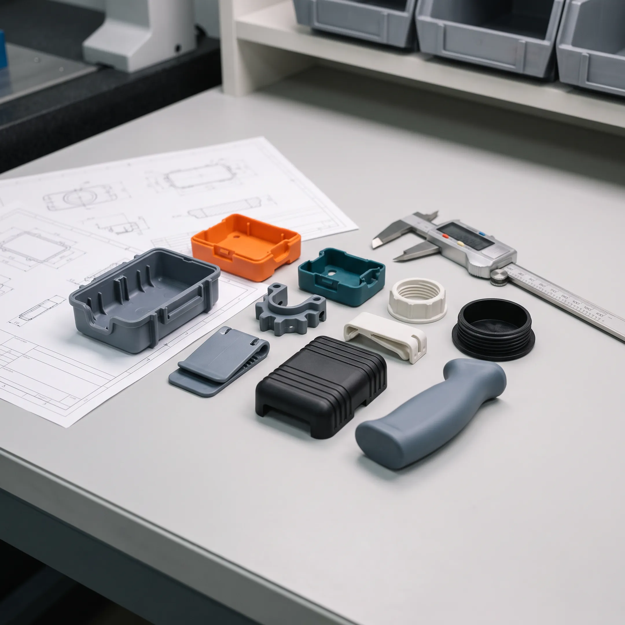 Close-up of precision injection molded custom plastic parts with technical drawings