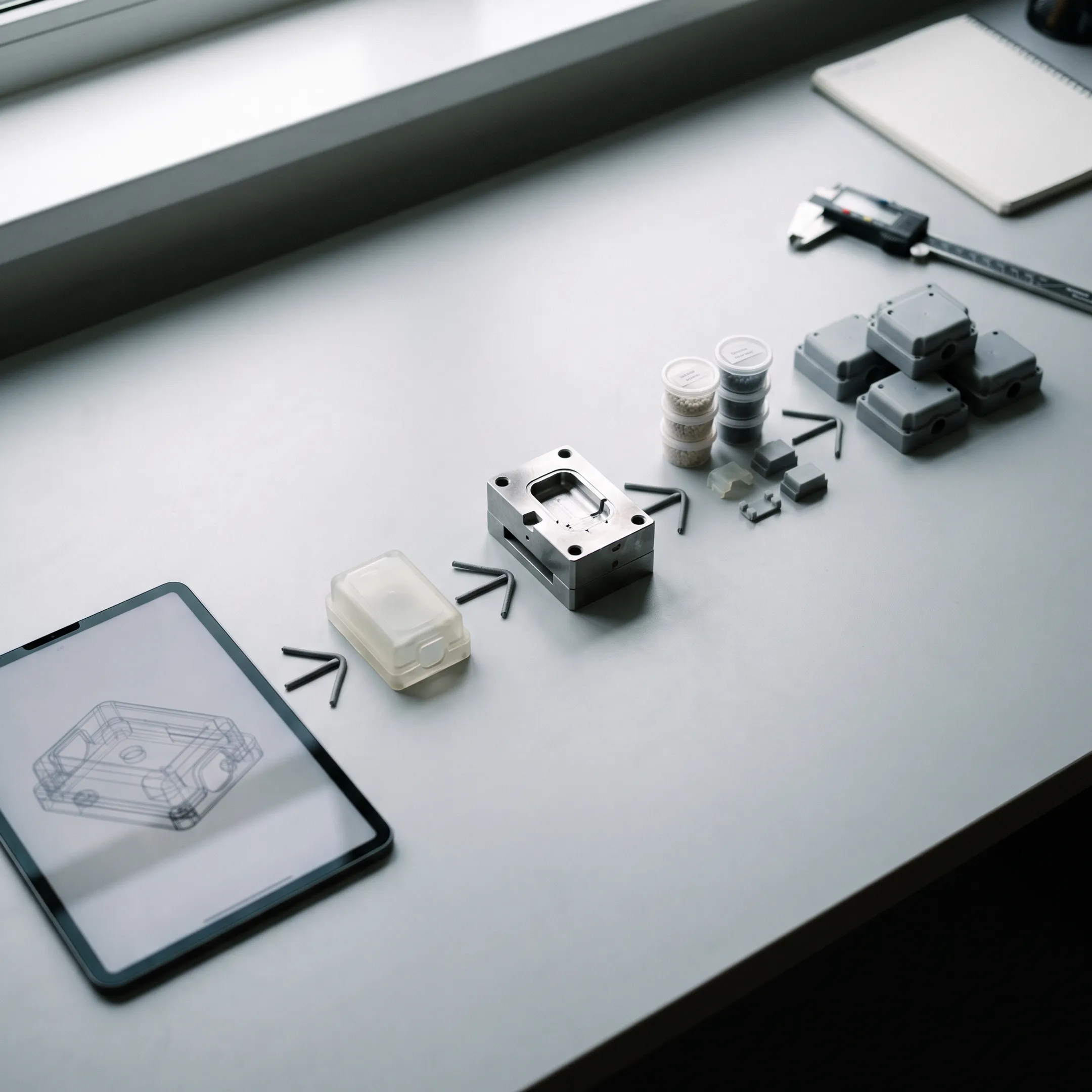 Injection molding design process workflow diagram showing stages from concept to production