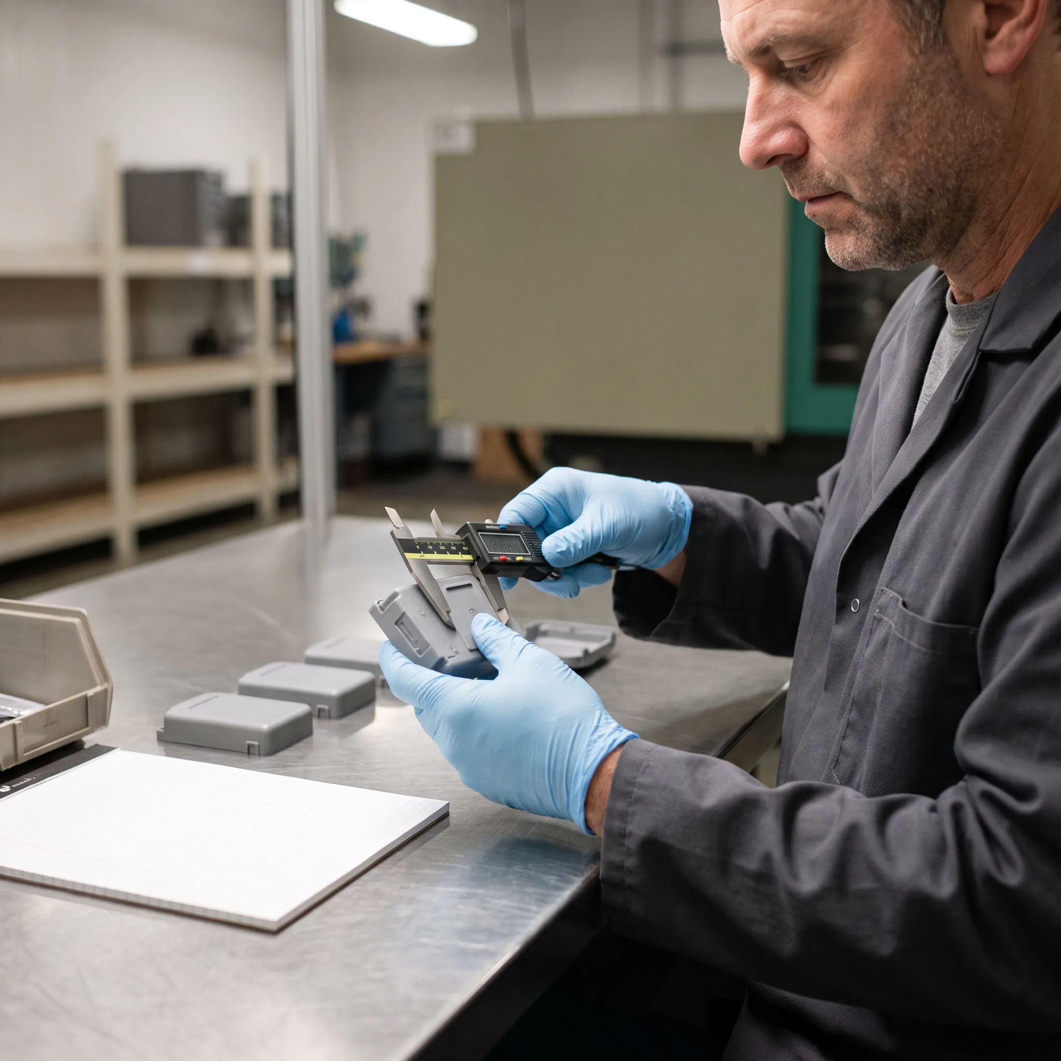 Engineer inspecting precision-molded plastic component with digital calipers for quality control