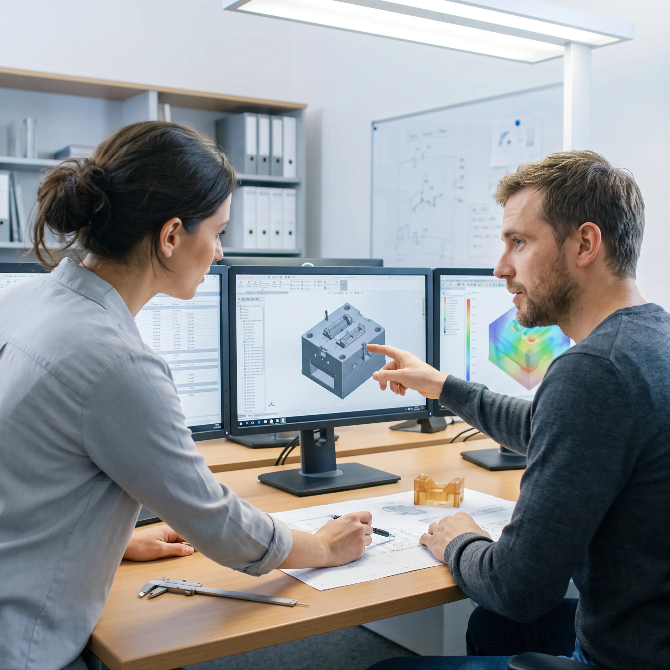 Engineering team reviewing injection mold design specifications on computer screens
